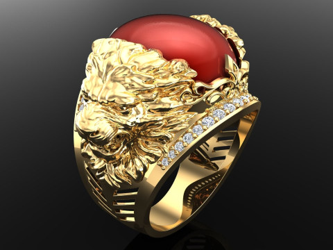 Lion ring - Mens oval stone ring - Mens ring - N937 3D Принт Модель