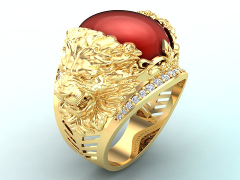 Lion ring - Mens oval stone ring - Mens ring - N937 3D Print Model