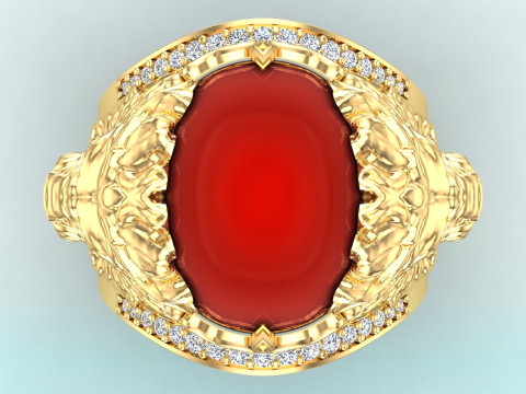 Lion ring - Mens oval stone ring - Mens ring - N937 3D Print Model