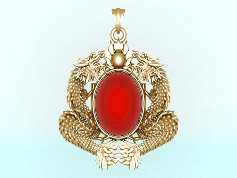 Twin dragon pendant - Dragon pendant - Mens oval stone pendant - N2607 3D Print Model