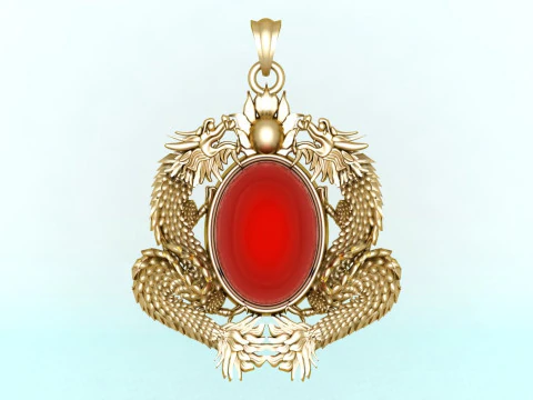 Twin dragon pendant - Dragon pendant - Mens oval stone pendant - N2607 3D Print Model