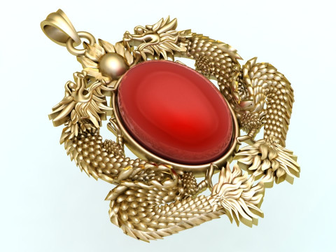 Twin dragon pendant - Dragon pendant - Mens oval stone pendant - N2607 3D Print Model