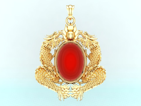 Twin dragon pendant - Dragon pendant - Mens oval stone pendant - N2607 3D Print Model