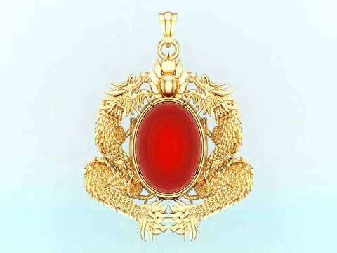 Twin dragon pendant - Dragon pendant - Mens oval stone pendant - N2607 3D Print Model