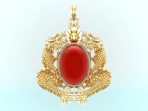Twin dragon pendant - Dragon pendant - Mens oval stone pendant - N2607 3D Print Model