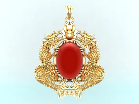 Twin dragon pendant - Dragon pendant - Mens oval stone pendant - N2607 3D Print Model