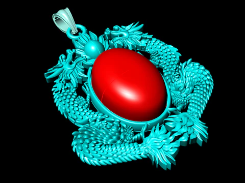 Twin dragon pendant - Dragon pendant - Mens oval stone pendant - N2607 3D Print Model