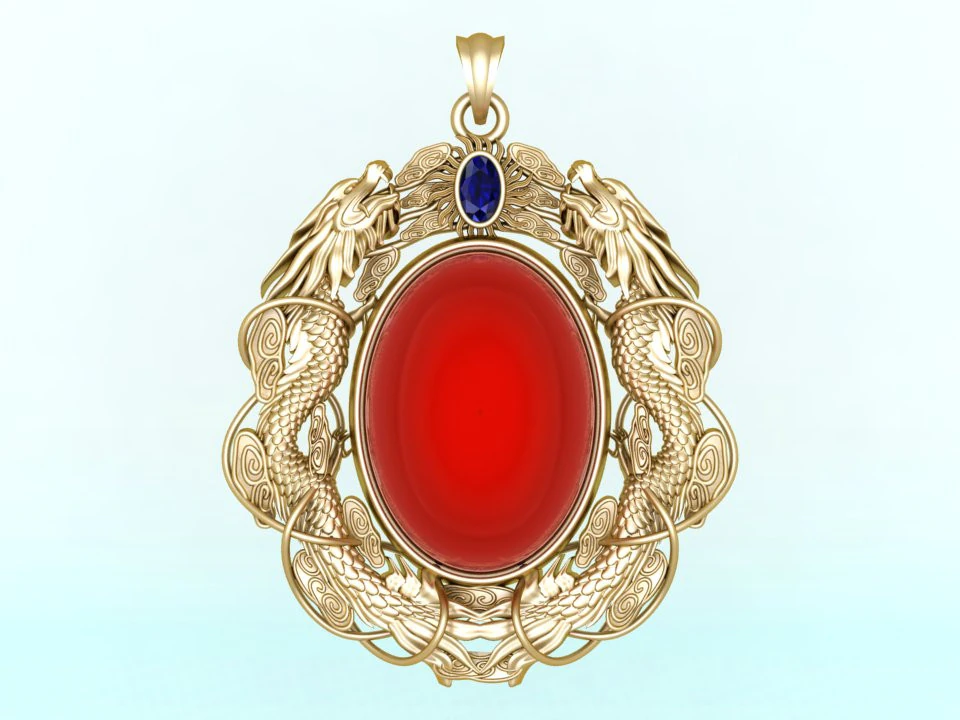 Twin dragon pendant - Dragon pendant - Mens oval stone pendant - N5358 3D Print Model .c4d .max .obj .3ds .fbx .stl .blend