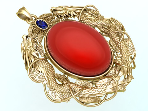 Twin dragon pendant - Dragon pendant - Mens oval stone pendant - N5358 3D Print Model