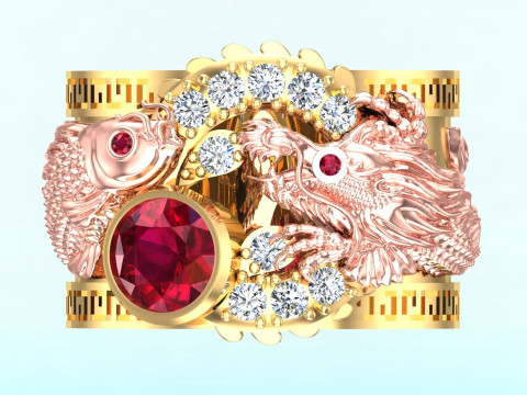 Dragon Carp ring - Dragon ring - Carp ring - N328 3D Print Model