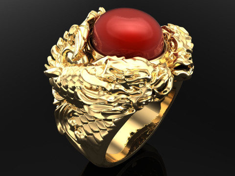 डबल ड्रैगन कार्प रिंग - ड्रैगन रिंग - कार्प रिंग - ओवल स्टोन रिंग - N1004 3D प्रिंट मॉडल