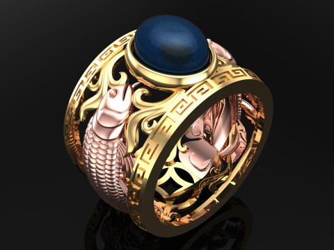 Anel Aruan&atilde; - Anel de peixe - Anel Dragonfish - Anel oval masculino - N903 Modelo de Impressão 3D