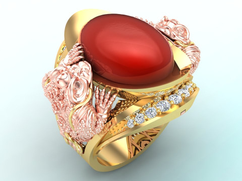 Toad ring - Double Toad ring - Mens oval stone ring - N627 3D Print Model
