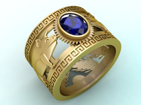 Double pig ring - Pig ring - Oval stone ring - Mens ring - N710 3D Print Model