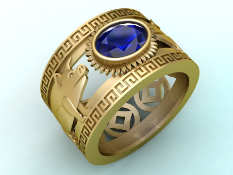 Double Pigs ring - Pig ring - Oval stone ring - Mens ring - N714 3D Print Model