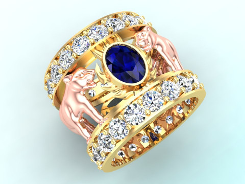 İkiz leopar yüzük - İkiz kedi yüzük - Oval taşlı yüzük - N608 3D Baskı Modeli