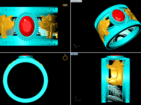 Anel de porco duplo - Anel de porco - Anel de pedra oval - Anel masculino - N710 Modelo de Impressão 3D