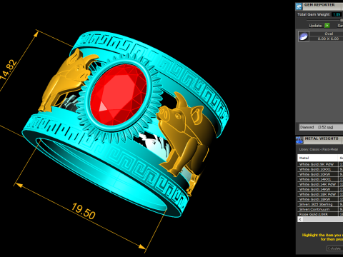Anel de porco duplo - Anel de porco - Anel de pedra oval - Anel masculino - N710 Modelo de Impressão 3D