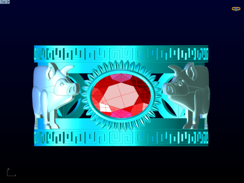 Anel Twin Pigs - Anel de porco - Anel de pedra oval - Anel masculino - N714 Modelo de Impressão 3D