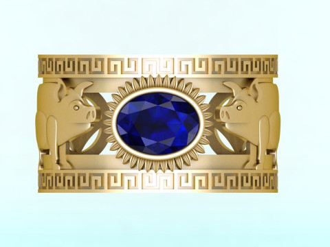 Anel Twin Pigs - Anel de porco - Anel de pedra oval - Anel masculino - N714 Modelo de Impressão 3D