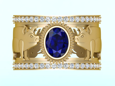 Anel de porco duplo - Anel de pedra oval - Anel masculino - N727 Modelo de Impressão 3D