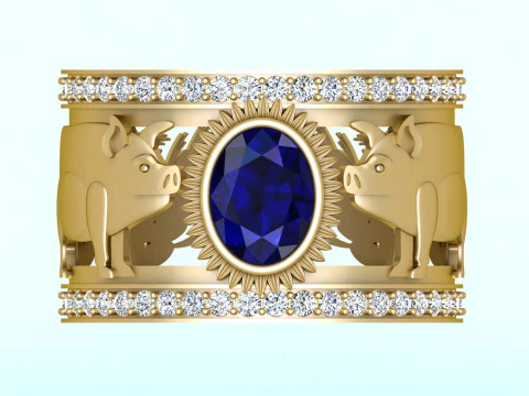 जुड़वां सुअर की अंगूठी - ओवल पत्थर की अंगूठी - पुरुषों की अंगूठी - N727 3D प्रिंट मॉडल