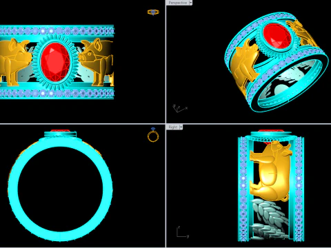जुड़वां सुअर की अंगूठी - ओवल पत्थर की अंगूठी - पुरुषों की अंगूठी - N727 3D प्रिंट मॉडल