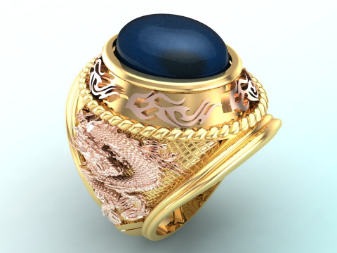 Dragon ring - Army ring - War ring - Oval stone ring - N1158 3D Print Model