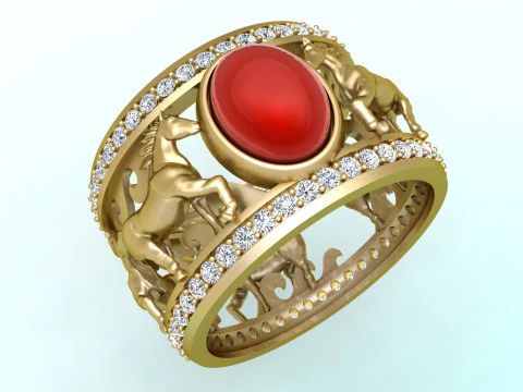 Anel de cavalo - Anel de pedra oval - Anel masculino - N6935 Modelo de Impressão 3D