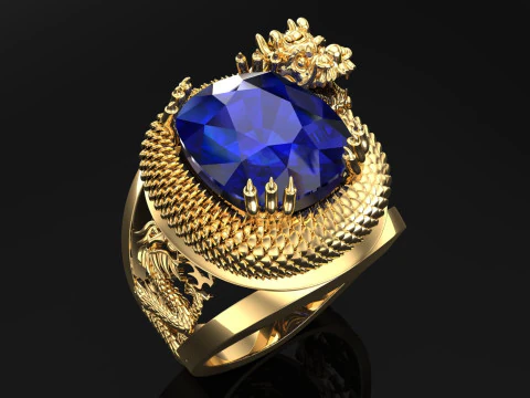 Anel de drag&atilde;o - Drag&atilde;o enrolado abra&ccedil;ando a pedra - Anel masculino - N738 Modelo de Impressão 3D