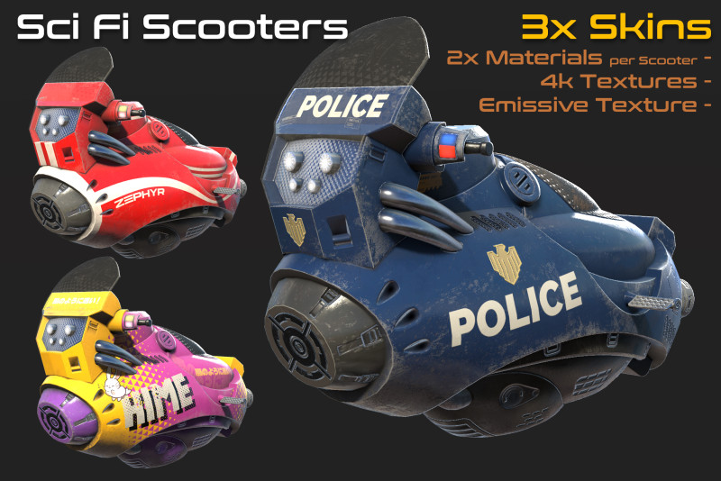 Sci-Fi HOVER SCOOTER -3x different skins UNITY BUILT-IN-URP TEXTURES ONLY 3D Model .c4d .max .obj .3ds .fbx .stl .blend