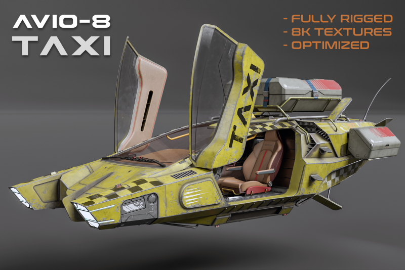 AVIO-8 Cyberpunk Hover Taxi - FULLY RIGGED - UNITY BUILT-IN-URP HDRP TEXTURES ONLY 3D Modell .c4d .max .obj .3ds .fbx .stl .blend