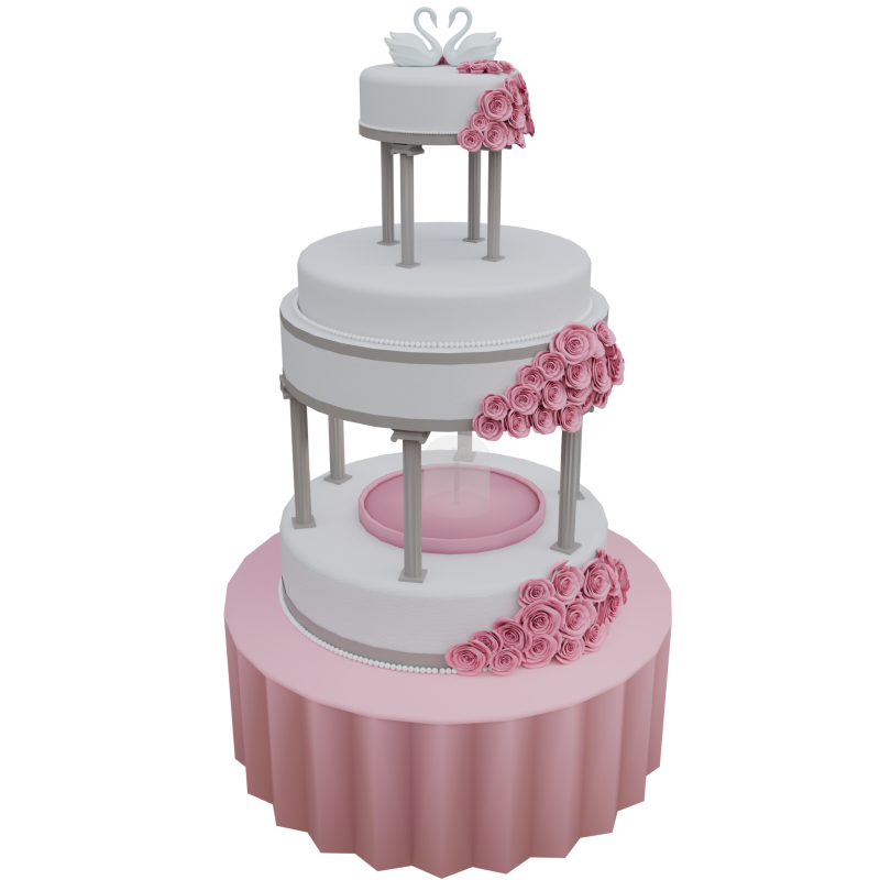 3D Wedding Cake Model Romantic Tiered Dessert with Roses Swans 3D Модель .c4d .max .obj .3ds .fbx .stl .blend