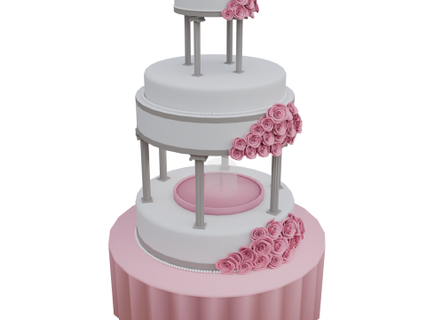 3D Wedding Cake Model Romantic Tiered Dessert with Roses Swans 3D Model