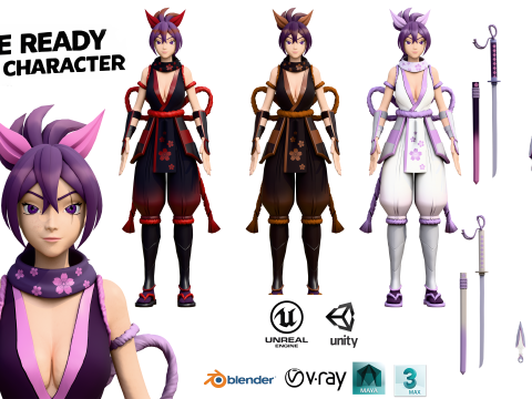 स्टाइलिश निंजा गर्ल गेम रेडी कैरेक्टर पैक 3D मॉडल