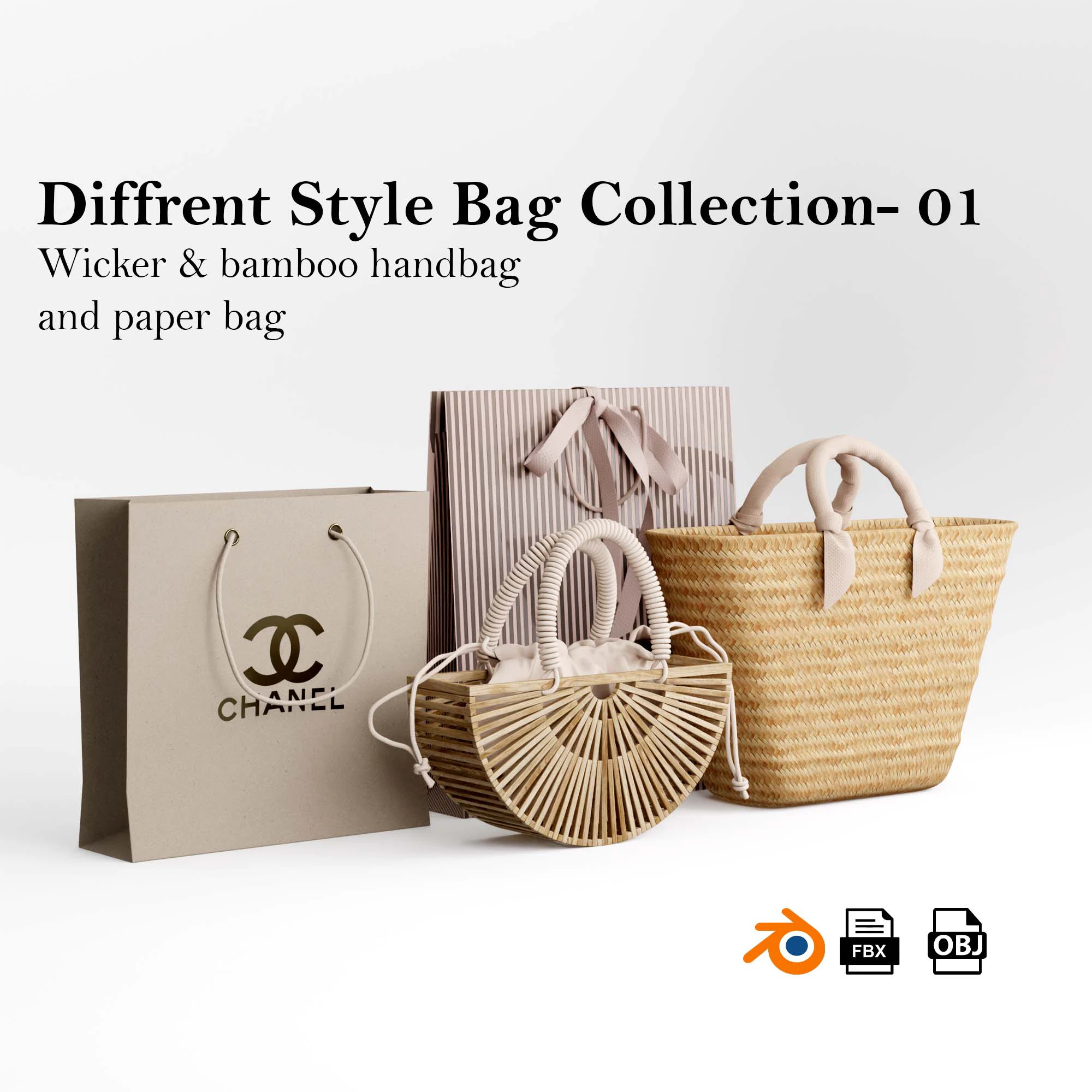 Wicker bamboo and paper bag 3D Model .c4d .max .obj .3ds .fbx .stl .blend