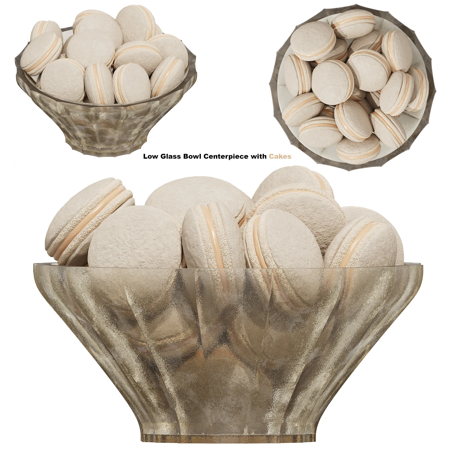 Low Glass Bowl Centerpiece with Cakes 3D Model .c4d .max .obj .3ds .fbx .stl .blend 