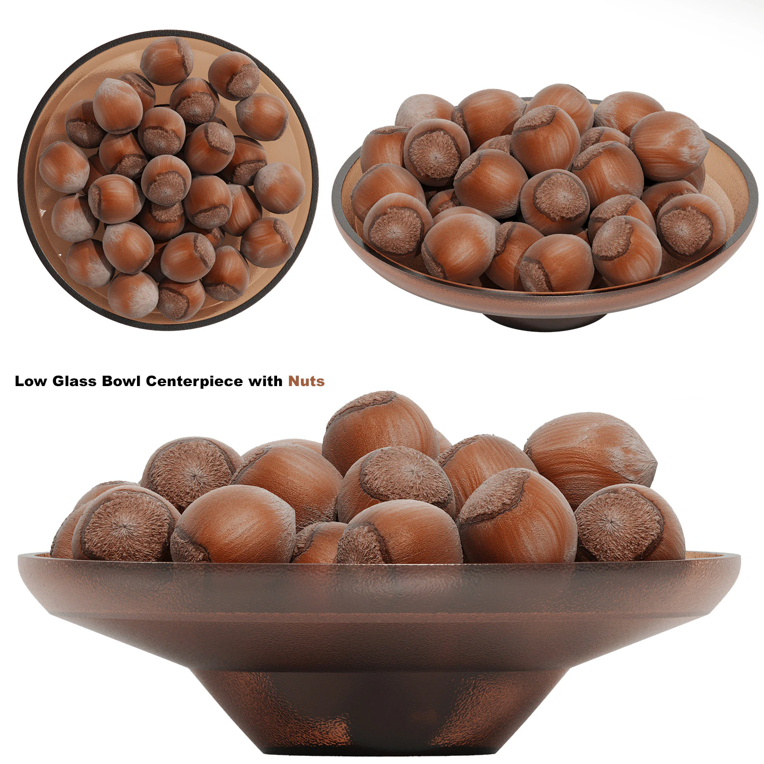 Low Glass Bowl Centerpiece with Nuts 3D Model .c4d .max .obj .3ds .fbx .stl .blend 
