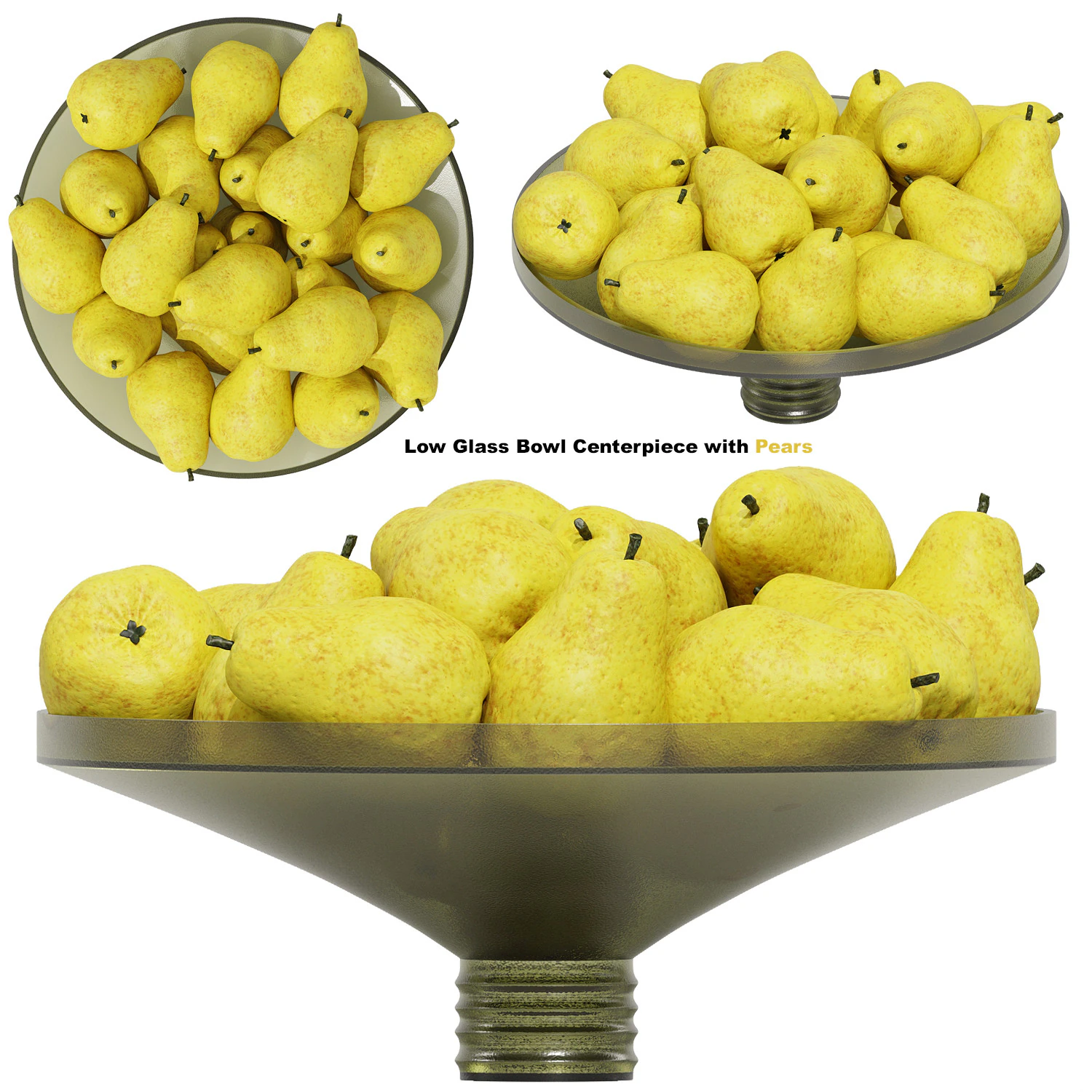 Low Glass Bowl Centerpiece with Pears 3D Model .c4d .max .obj .3ds .fbx .stl .blend 
