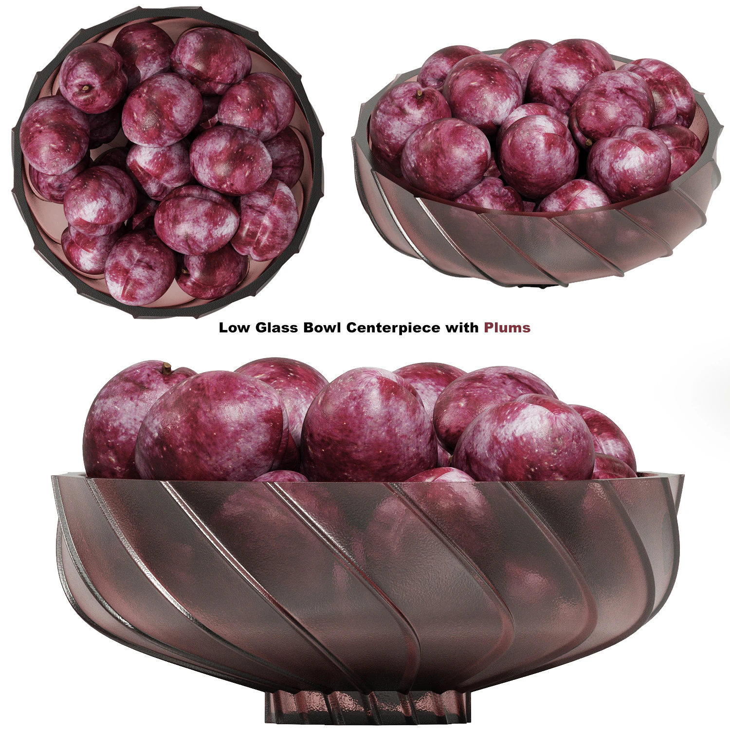Low Glass Bowl Centerpiece with Plums 3D Model .c4d .max .obj .3ds .fbx .stl .blend 