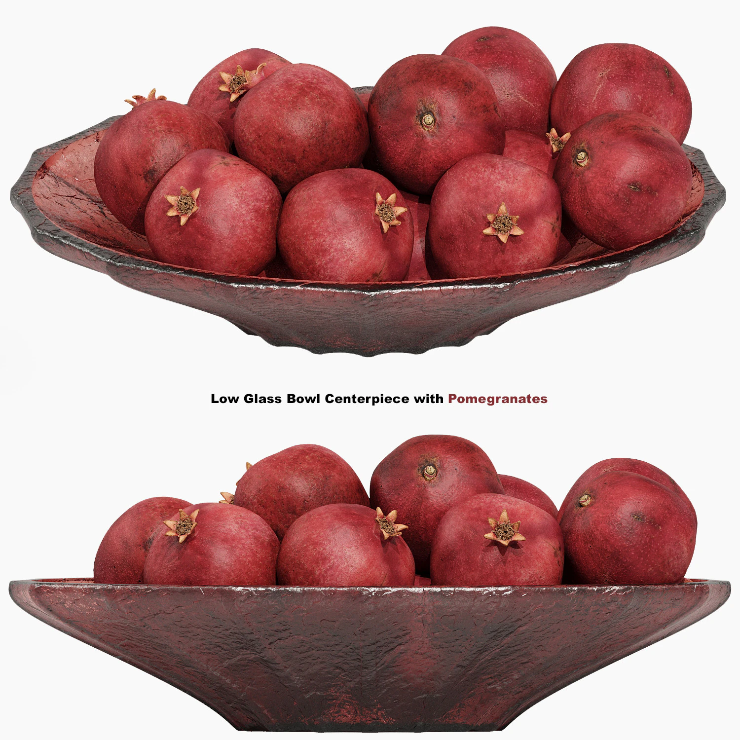 Low Glass Bowl Centerpiece with Pomegranates 3D Model .c4d .max .obj .3ds .fbx .stl .blend 