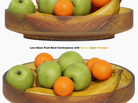 Low Glass Fruit Bowl Centerpiece with Banan Apple Orenges 3D 模型