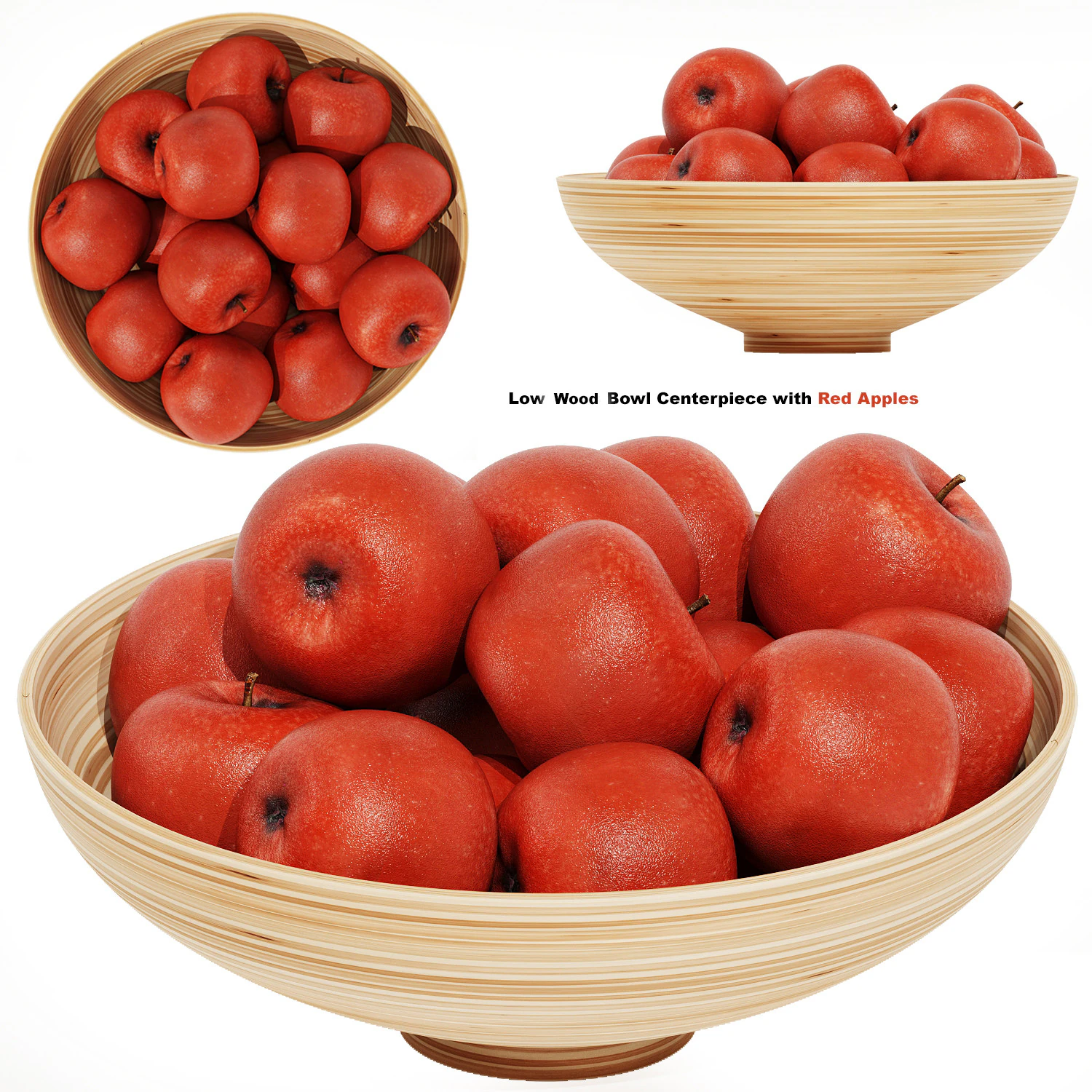 Low Wood Bowl Centerpiece with Red Apples 3D Model .c4d .max .obj .3ds .fbx .stl .blend 