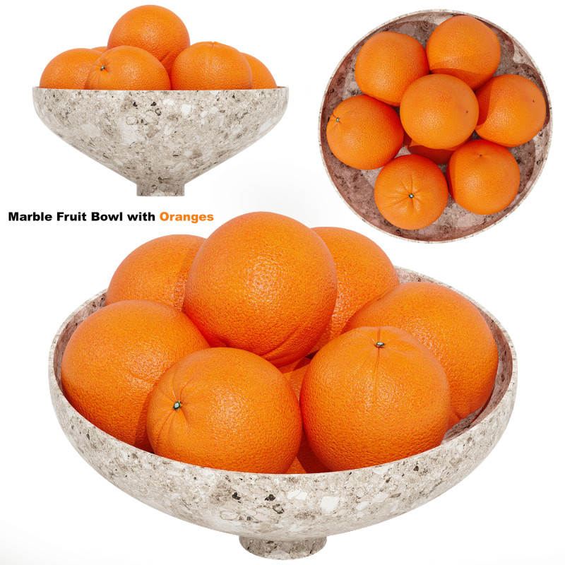 Marble Fruit Bowl with Oranges 3D Model .c4d .max .obj .3ds .fbx .stl .blend 
