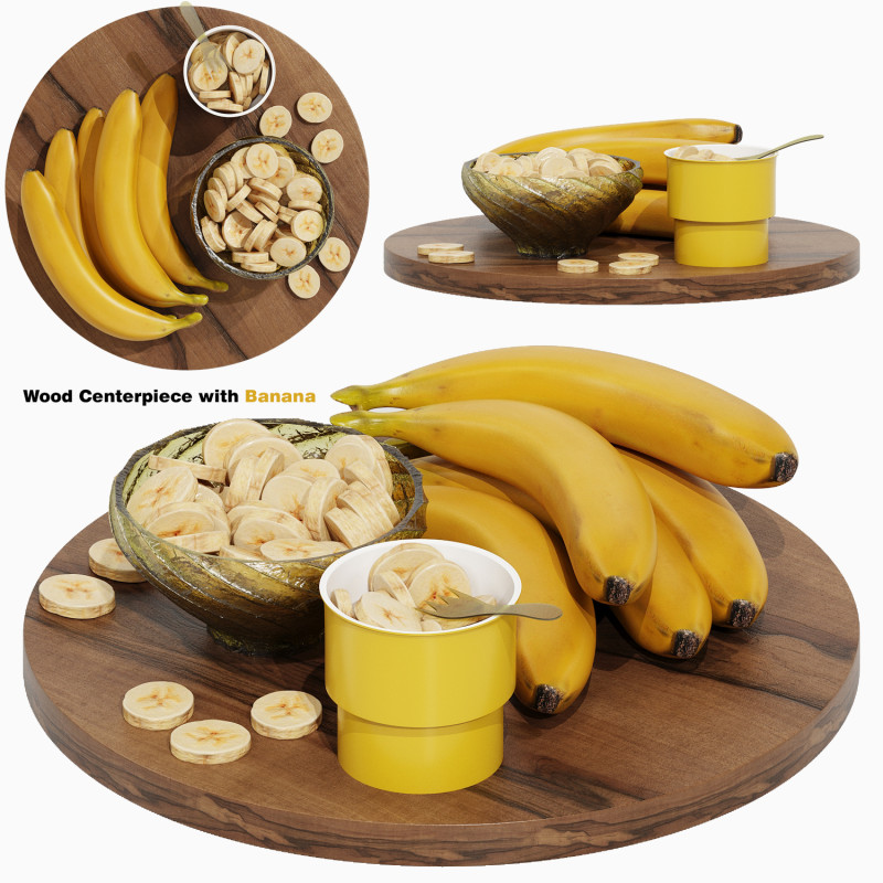 Wood Centerpiece with Banana 3D Model .c4d .max .obj .3ds .fbx .stl .blend 