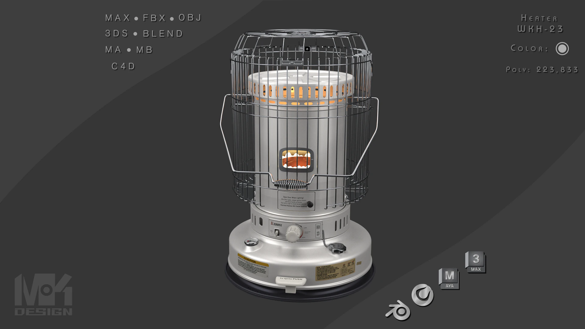 Kerosene Heater WKH23 White 3D Model .c4d .max .obj .3ds .fbx .stl .blend 