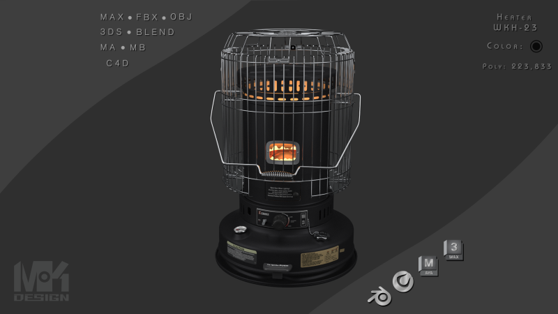 Aquecedor a Querosene WKH23 Preto Modelo 3D .c4d .max .obj .3ds .fbx .stl .blend 