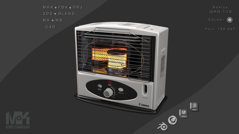 Aquecedor a Querosene WKH110 Branco Modelo 3D .c4d .max .obj .3ds .fbx .stl .blend 