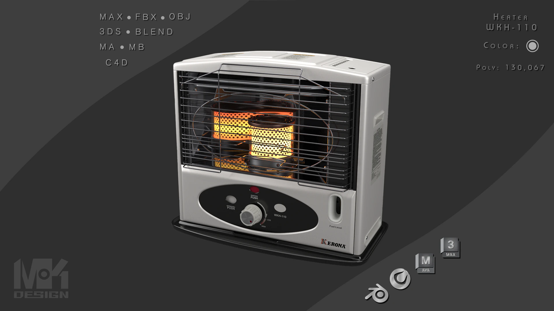 Kerosene Heater WKH110 White 3D Model .c4d .max .obj .3ds .fbx .stl .blend