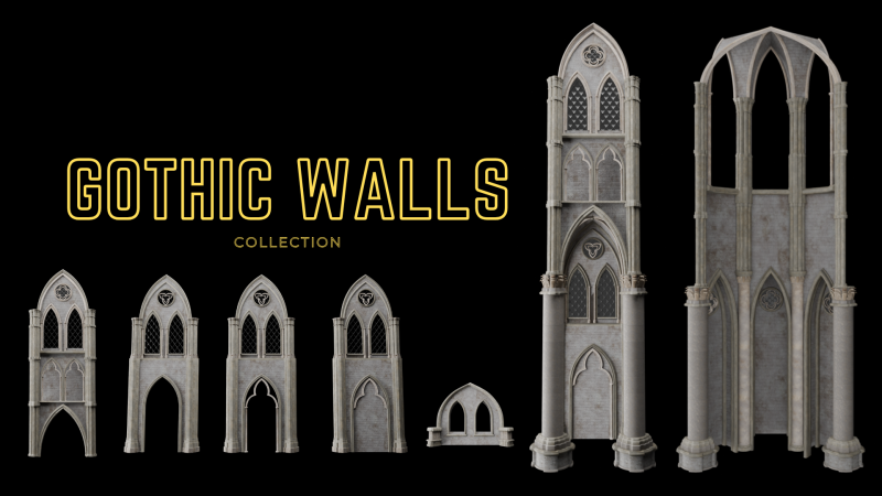 Gothic Modular Walls 3D Model .c4d .max .obj .3ds .fbx .stl .blend 